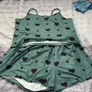 Green and Black Heart Print Pajama Set